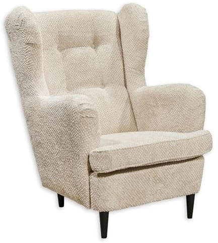 OSKAR Ohrensessel mit geknöpfter Polsterung, Ivory - Vintage Wohnzimmer Sessel mit Massivholz Füßen - 78 x 102 x 98 cm (B/H/T)