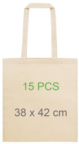 Adri 15 Bolsas de algodon con asas - Bolsas de Tela Para Pintar - 38x42cm 144g/m2 - Bolsa de la compra Asas Largas - Bolsa de Transporte - Bolsa Grande reutilizable. (15 Piezas)