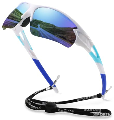 yoofun Sonnenbrille Herren Polarisiert, Sonnenbrille Herren Sport zum Baseball Laufen Radfahren Angeln Golfen UV400-Schutz Sonnenbrille mit Schnur, Weiß&Blau