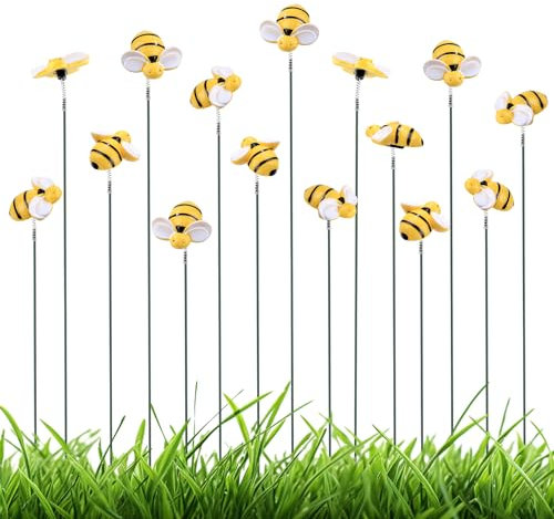 NQEUEPN 15er Dekorative Gartenstecker, Harz Bienen Hof Dekorative Pflanzenstäbe, Lebendige Bienen Hofstäbe, Flaches Oberteil, Gelb