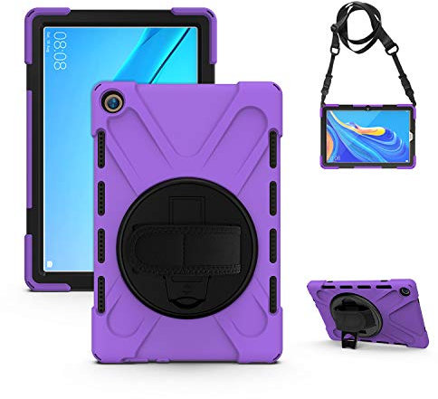 Custodia antiurto per tablet Huawei MediaPad M5/M5 Pro 10.8 CMR-AL09 CMR-W09, custodia protettiva infrangibile tre in uno robusta custodia protettiva con tracolla, supporto rotante (viola)