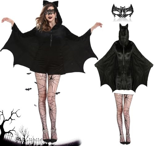Déguisement Chauve Souris Femme,Costume d'Halloween chauve-souris avec collants en résille, masque pour les yeux en dentelle,Déguisement pour Adultes et accessoires pour Halloween,carnaval (L)