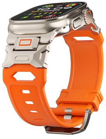 FUNSTONE Sport Band for Apple Watch Ultra 2 & Ultra 49mm, FKM Rugged Ultra 2 Watch Bands for Men, Stainless Steel Fluoro Rubber Wristband, Men's Military Sport iWatch Replacement Strap (Orange)