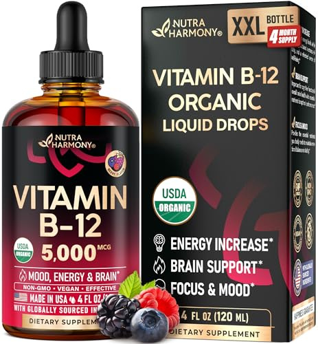 USDA Organic Vitamin B12 Sublingual Drops - Methylcobalamin 5000 mcg - 4 Oz