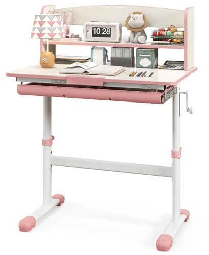 GOPLUS Kinder Schreibtisch, Kinderschreibtisch höhenverstellbar mit 7-stufig neigbarer Tischplatte, Herausziehbarer Schublade, Bücherregal & Lineal für Kinder 3-12 Jahren (Rosa,80 x 51 x104 cm)
