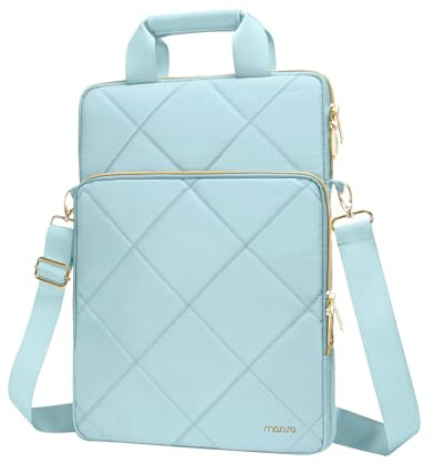 MOSISO Vertical Laptop Bag 16 inch, 15-15.6 inch Computer Shoulder Bag Compatible with MacBook Pro 16, HP, Acer,Dell,Lenovo,ASUS, Rhombus Quilted Messenger Case Front Pocket&Handle&Belt, Ice Blue