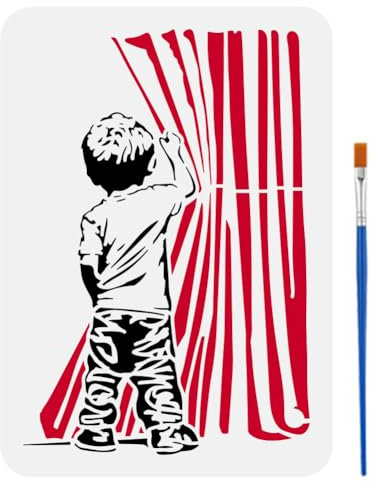 FINGERINSPIRE Banksy Malschablone Hinter Den Kulissen 21x29.7cm Ein Kleiner Junge Hebt Einen Vorhang Hoch Schablone Mit Pinsel Und Versucht Zu Sehen Was Dahinter Ist Schablone Banksy Themenvorlage