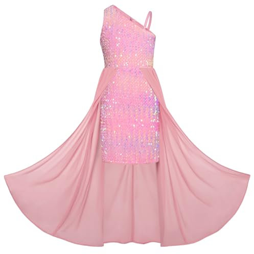 GRACE KARIN Robe à Paillettes pour Filles Asymétrique sans Manches et Une épaule Robe de Princesse Trapèze Rose Coloré 8 Ans