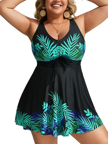 Hanna Nikole Badeanzug Bauchweg Damen Tankini Große Größen Zweiteiler Badeanzüge SchlüSselloch Badekleid Mit Badeshorts Bademode Blumen Strandmode Einstellbar Schwimmanzug