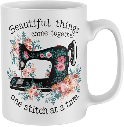 Purple Print House Beautiful Things One Stitch at a Time Mug Womens Floral Sewing Tea Coffee Cup Christmas Stocking Filler Gift