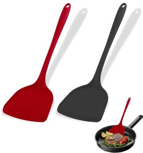 2 Pezzi Spatola Silicone Cucina, Senza BPA Spatola per Cucinare, Set Pentole Antiaderente, Utensili Cucina Silicone per Cucinare, Cuocere, Girare (Nero/Rosso)