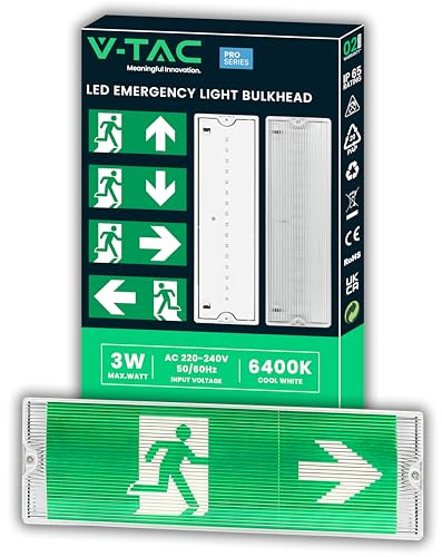 V-TAC LED-Notleuchte 4 in 1 für Decke und Wand – sichtbar bis 30 m – Selbsttest-Taste – Beleuchtung für Notausgang und Notausgang – Exit – 4 Signalisierungen im Lieferumfang enthalten – Licht 6000 K