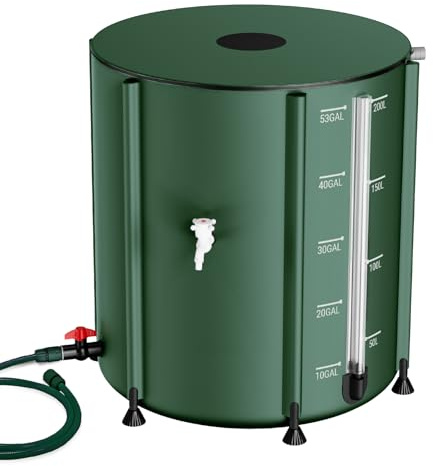 SKM Barile per pioggia pieghevole, 53 galloni, portatile, per giardino/esterno/prato, sistema di raccolta dell'acqua piovana in PVC, contenitore per serbatoio dell'acqua piovana con beccucci e kit di