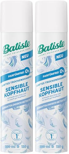 Batiste Trockenshampoo Sensible Kopfhaut Parfümfrei, 200 ml, ohne Ausspülen, Haarpflegespray, dermatologisch getestet, sanft zur Kopfhaut, leichte Formulierung für erfrischtes Haar (Packung mit 2)