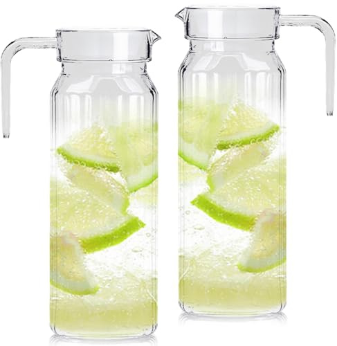 2 brocca in plastica con coperchio, 1,5 litri, per frigorifero, senza BPA, a prova di perdite, per frigorifero, per succo, sangria, limonata, acqua, tè freddo, caffè, latte