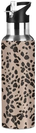 Woltant Leopard Skin Bouteille d'eau isotherme en acier inoxydable 600 ml avec paille anti-fuite pour le travail, les voyages, la salle de sport