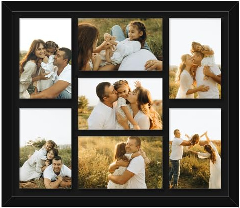 HEYTUYA 4x6 Picture Frame Collage for Wall, Display 7 Pcs 4x6 Photos with Mat or 12x14 Without Mat, 7 Opening Photo Frame for 4 x 6 Pictures with Shatter Resistant Plexiglass, Black Mat, Black