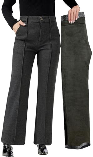 Fakanhui Pantaloni termici invernali da donna, in misto lana, tweed, gamba larga, foderati in pile, pantaloni casual da lavoro, Scuro., XL