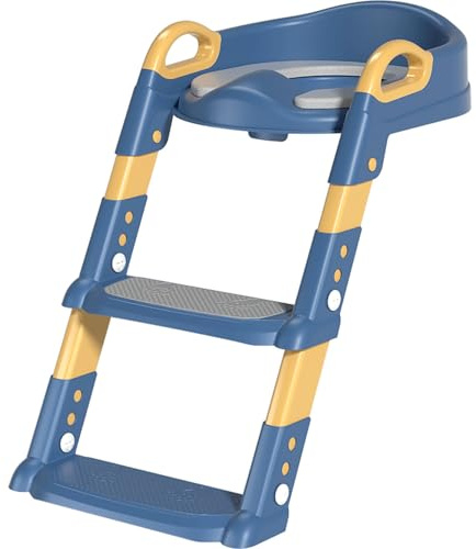 Taylor & Brown Adjustable Potty Ladder Seat for Toilet Training with Steps, Handle & Soft Cushion Anti-Slip Stool for Toddlers & Children Unisex Foldable & Easy Assembly Splash Guard Included (Blue)