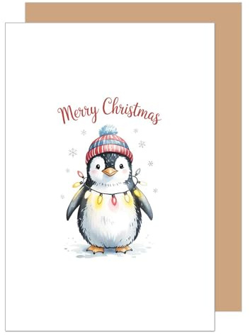 Edition Seidel Premium Grußkarte zu Weihnachten mit Umschlag. Glückwunschkarte Weihnachtskarte Karte englisch für Frau Mann Retro Merry Christmas Xmas Pinguin (W1049 SW025)