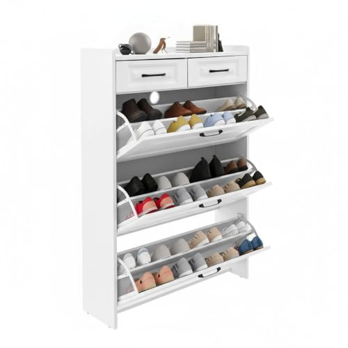 Schuhschrank, Mit 3 Kipp-Schubladen Und 2 Extra Schubladen 80x24x120cm Weiß Modern Aus Holzwerkstoff Großzügiger Stauraum Für 20 Paar Schuhe Platzsparend Für Flur Eingang Wohnung​