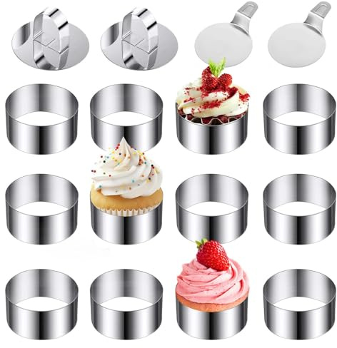 Eulihent 12 Pieces Cooking Rings Set 8cm Stainless Steel Mousse Moulds with Food Press & Spatula Cake Rings Round Food Baking Ring Oven & Dishwasher Safe for Crumpets Eggs Pastry Desserts