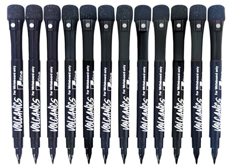 Volcanics 12-Pack Magnetic Whiteboard Pens Black, Bullet Tip, Low Odor Dry Erase Markers with Eraser Caps for Home, Office on Whiteboard and Refrigerator