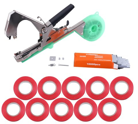 TIQICIVINUI Pflanzenbindemaschine, Pflanzen Bindemaschine,Pflanzenbindegerät mit 10000 Stück Nägel und 10 Rollen Farbiges Gartenband für Obst,Bäume und Gemüse