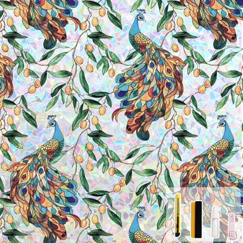 KROMAPOLIS Fensterfolie Blickdicht, 3D Buntglas Fensterfolie Selbstklebend, Wohnzimmer Büro Glastischplatte Dekorative Fensteraufkleber Anti UV Statisch Haftend Window Film Privacy - 90x200cm