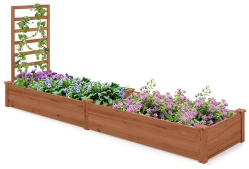 FANTASK Hochbeet mit Spalier, 235 x 63 x 102 cm, Gartenbeet Tannenholz mit Spalier für Kletterpflanze, Pflanzbeet mit Rankgitter, Blumenkübel für Balkon, Garten & Terrasse (Braun)