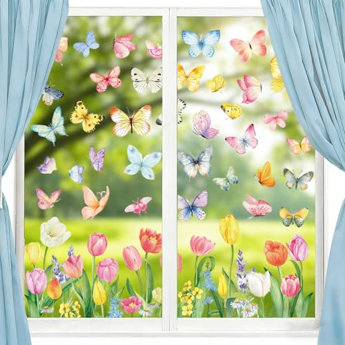 Aquarell Fensterbilder Frühling, 9 Blätter Selbstklebend Blumen Schmetterling Fenstersticker, Doppelseitig Wiederverwendbar, 30cm x 20cm