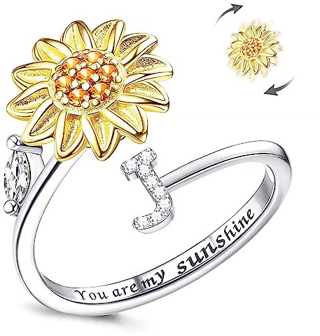LucBuy Zappelringe für Damen, Silberner Buchstaben Sonnenblumen Spinner Fingerring, Verstellbare Größe Stapelbar Stressabbau Anti-Angst Ring, Innenseite mit ‘You Are My Sunshine’ Graviert Schmuck