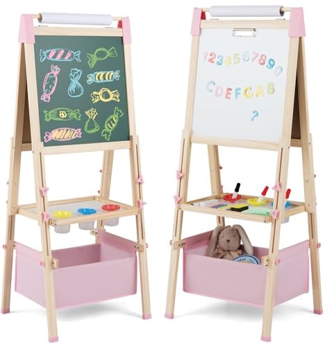 COSTWAY 3 in 1 Staffelei Kinder, doppelseitige Kindertafel höhenverstellbar mit Whiteboard & Kreidetafel, Standtafel inkl. Papierrolle, Zahlen, Kreiden & Farbstift, für Kinder ab 3 Jahren (Rosa)