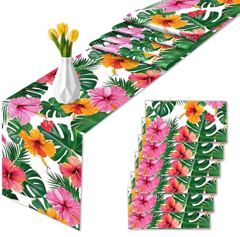 6 Stück Tischläufer Tropisches Blumen Motiv,Frühling Sommer Tischdecke Tropische Blumen Tischdeko für Hochzeit, Esszimmer Gartentisch Urlaub Dekoration Party Zubehör,275x35CM