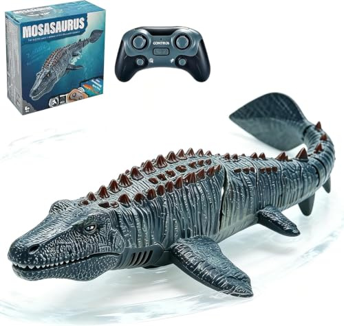 7JI Teledirigido Mosasaurus RC Barco, 2,4 GHz Control Remote Tiburones | Barco para Piscinas y Lagos, Juguetes Eléctricos de Dinosaurios, Rociar Agua, 2 Baterías, Regalo para Niños y Niñas (Gris)