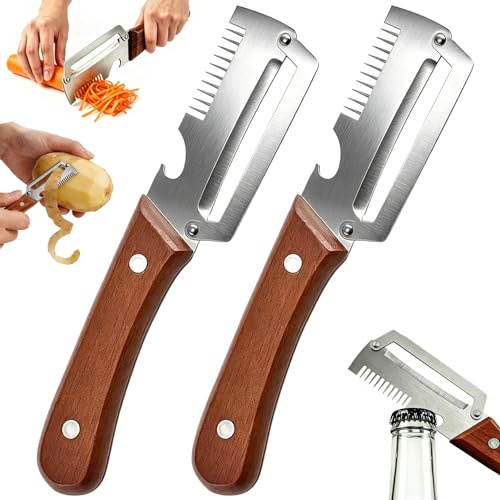 Multifunctional Vegetable Peeler, 2026 New 3-in-1 Peeler & Julienne Peeler & Bottle Opener, Stainless Steel Kitchen Peeler Ergonomic Kitchen Tool for Potatoes, Vegetables Fruits, Sugar Cane (2PCS)