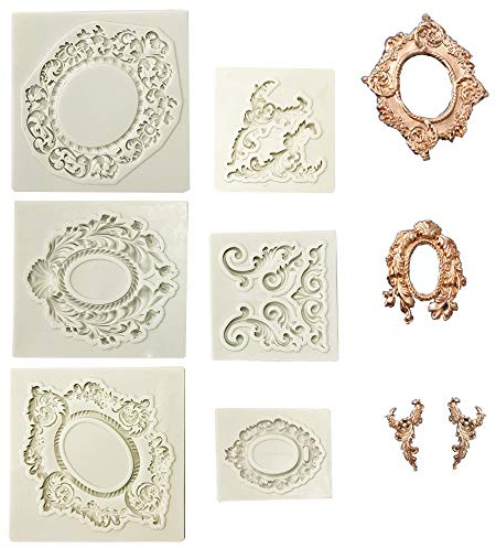 Juland 6 PCS Silicona Molde de Pastel de Fondant Estilo Barroco Retro del Marco de la Foto para Sugarcraft, Cupcake Topper, joyería, Arcilla polimérica, proyectos de artesanía - Gris