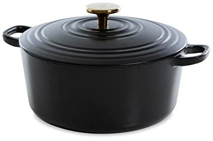 BK Cookware German Enamelled Iron, 24 cm/4.2 Litre Dutch Oven Casserole Dish with Lid, Gold Knob, Induction, Dishwasher & Oven Safe, Pitch Black