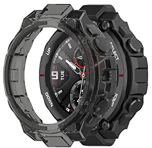 RuenTech Kompatibel mit Amazfit T-Rex Schutzhülle Hülle Abdeckung Displayschutzfolie Allround-Schutz Stoßstange TPU-Platte Gehäuse Zubehör Folie (schwarz)