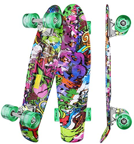WeSkate Kinder Retro Skateboard 22 55cm Mini Cruiser ABEC-9 Kugellager mit PU LED Leuchtrollen für Erwachsene Kinder Jungen Mädchen, YWHB-12, Green 2, Einheitsgröße