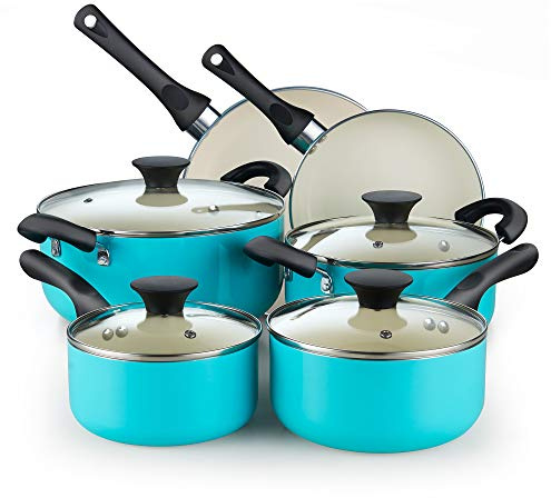 Cook N Home 10-Piece Ceramic Nonstick Cookware Set - Pots, Pans, Dutch Oven, Saucepans, Frying Pans and Lids - Turquoise