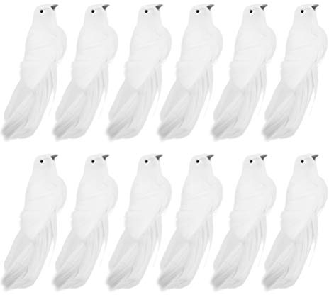 Amosfun 12Pcs Künstliche Weihnachtstaube Vogel Clip auf Baum Ornamente Schaumfeder Vogel Ornamente DIY Handwerk für Weihnachten Hochzeit Home Decoration (Weiß)