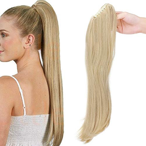 Ponytail Extension Pferdeschwanz Zopf mit Klammer Haarteil Haarverlängerung Hair Piece Haar Hitzebeständig Micro-wavy wie Echthaar 22(55cm) Dark Blonde Mix Bleichblond