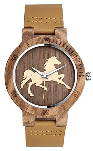SUPBRO Holzuhren Herren Holzuhr Holz-Armbanduhr Klassik Analoge Quarzwerk Uhren Armband Pferd
