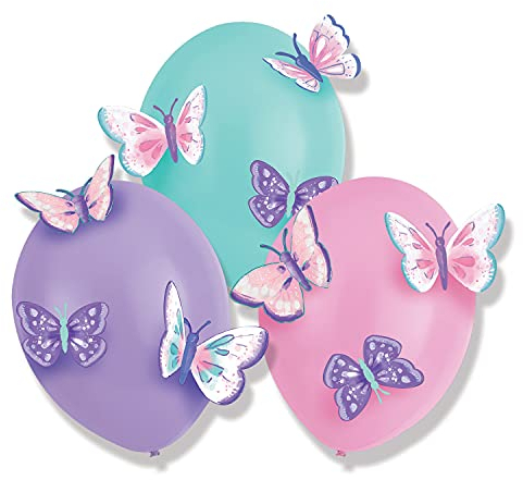 Amscan 9909727 - Latexballons Flutter mit Papierapplikationen, 3 Stück, Schmetterling, Luftballons, Dekoration, Kindergeburtstag, Mottoparty