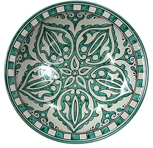 Casa Moro Handbemalte Keramik-Schale F045 mit Ø 35cm grün weiß | runder Teller | Kunsthandwerk aus Fes Marokko | Orientalischer Deko-Teller bunt | KSF045