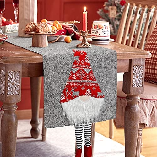 Betylifoy Tischläufer Weihnachten Santa Gnomes mit Lange Beinen Xmas Rustikale Tischwäsche Grauer Tischläufer für Weihnachts Feiertags Dekoration Xmas Feier (Grau)