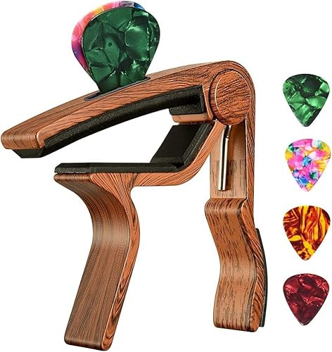 Kapodaster für Gitarre mit 4 Plektren, Capo mit Plektrenhalter für akustische E-Gitarre, Ukulele, Mandoline, Banjo (Holz)