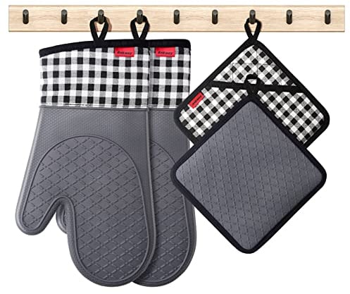 Ankway Ofenhandschuhe Topfhandschuhe 4er Set Hitzebeständige Backhandschuhe,weiche Baumwolle,Lange Flexible Dicke silikon Kochhandschuhe Kochen Backen Grillen,ASI010-P,Grau,Topflappen Silikon