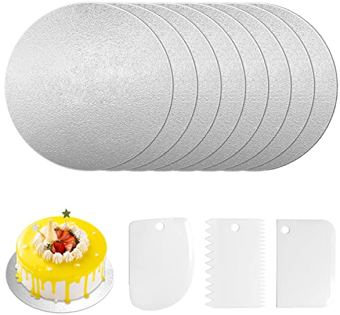 PHULWEL Cake Board, 3mm Rund Tortenunterlage Ø 25cm/9.9inch, 8 Verwertbarer Silber Cakeboard für Transport Kuchen und Torten, Tortenplatte Pappe mit 3 Stück Tortenschaber